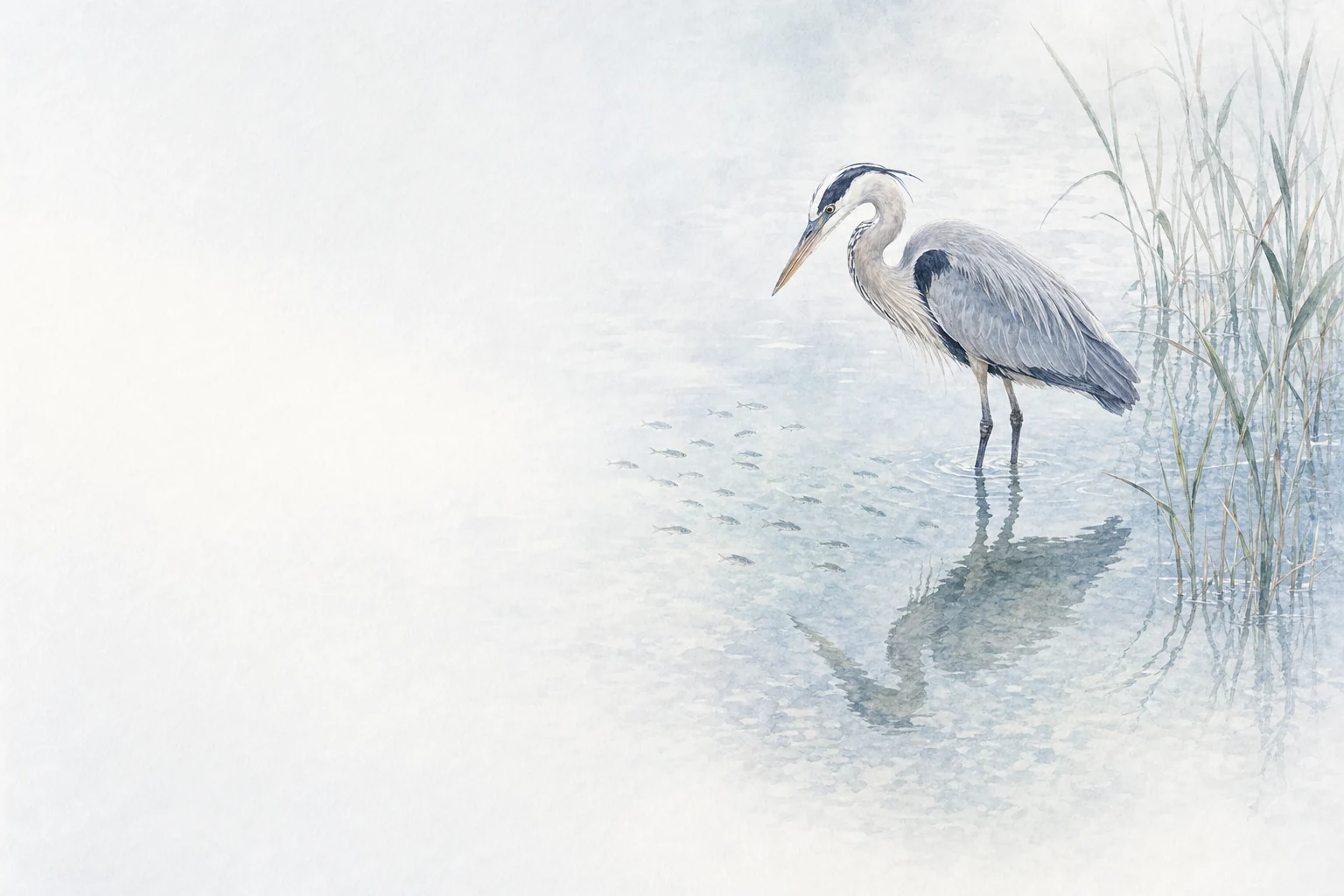 A grey heron stands still in shallow, misty water among many small fish.