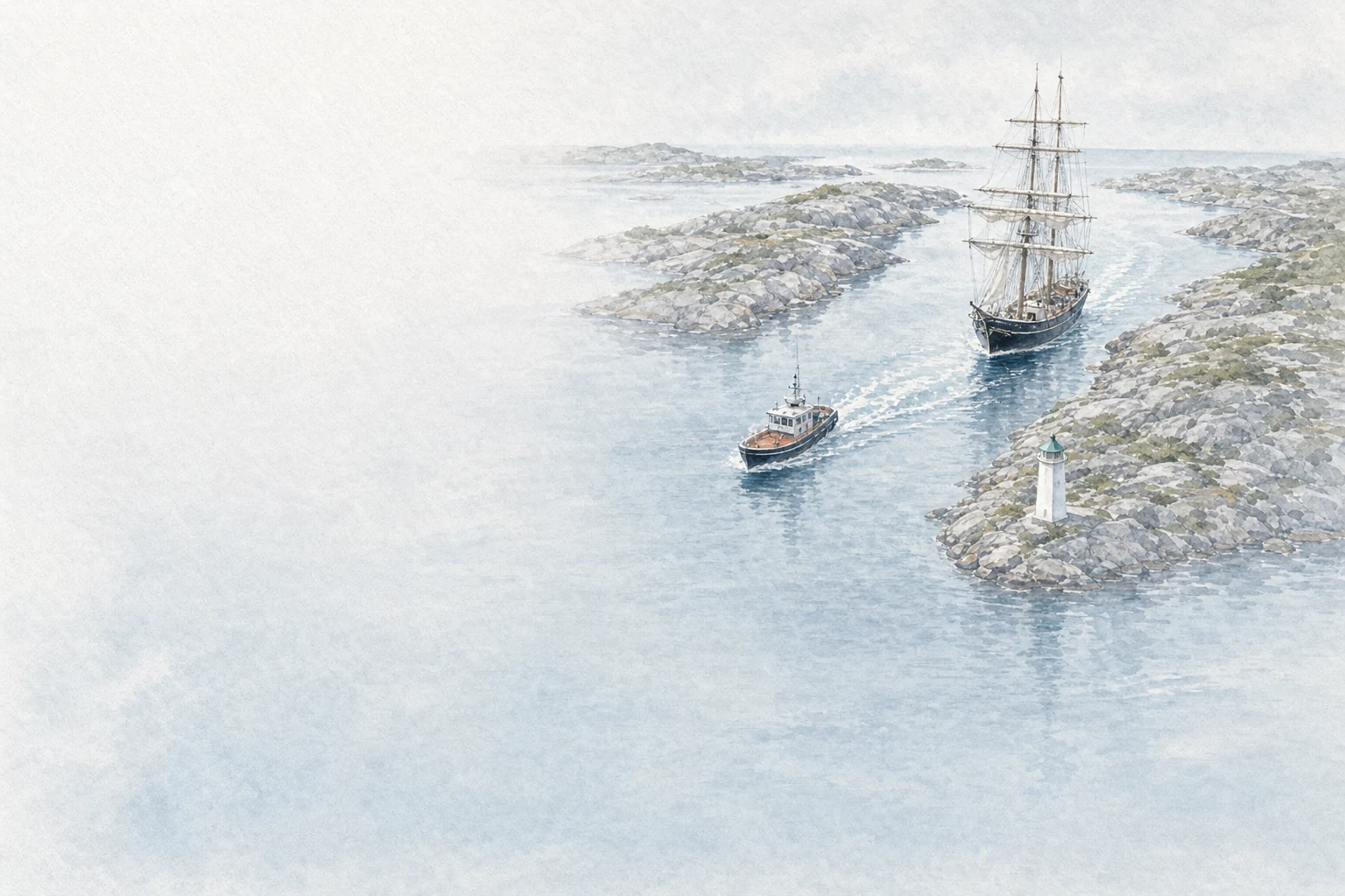 Seen from above: a small pilot boat leads a tall sailing ship through a rocky channel, past a lighthouse.