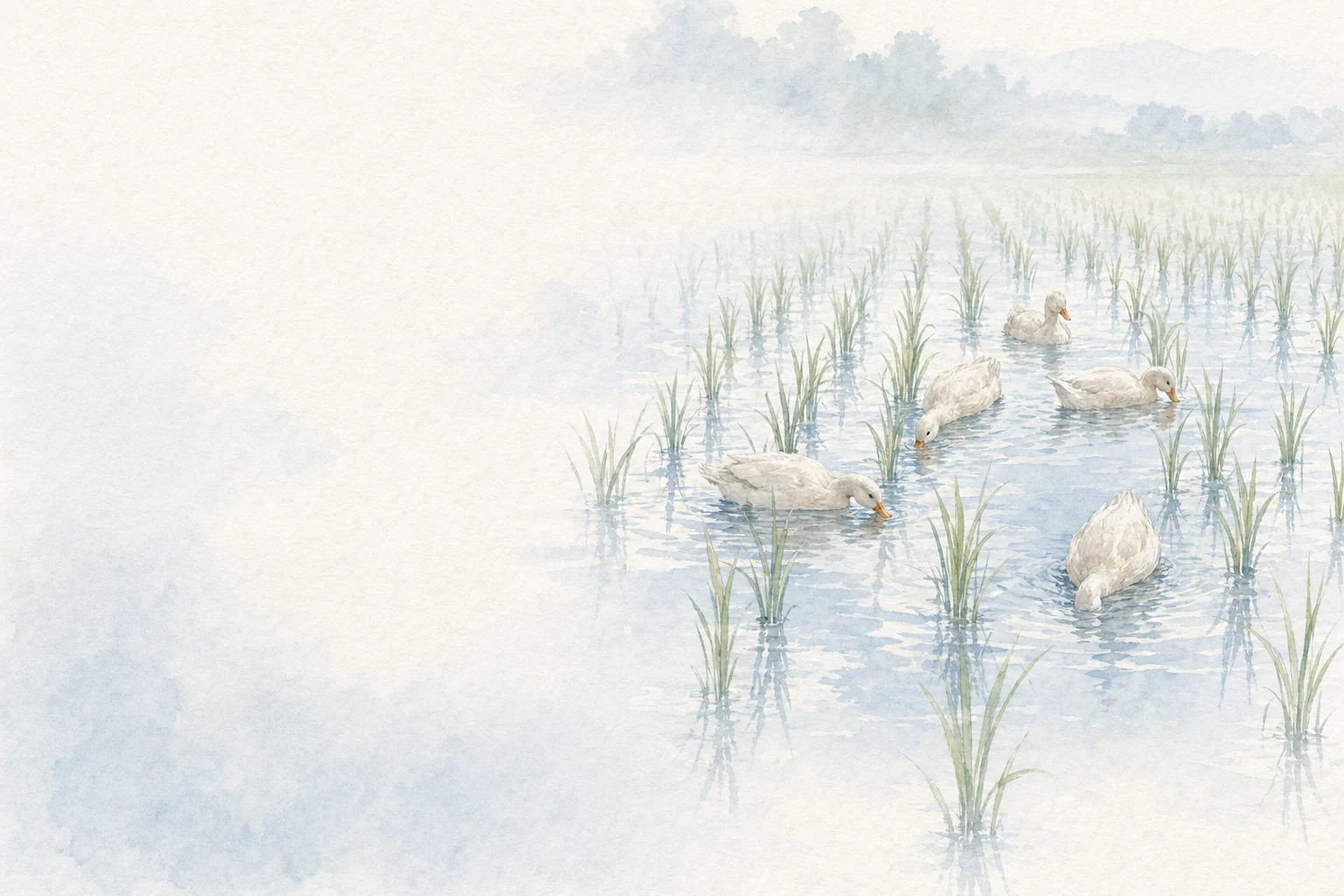 Pale ducks swim between the rows of a flooded rice field in morning mist and feed among the plants.