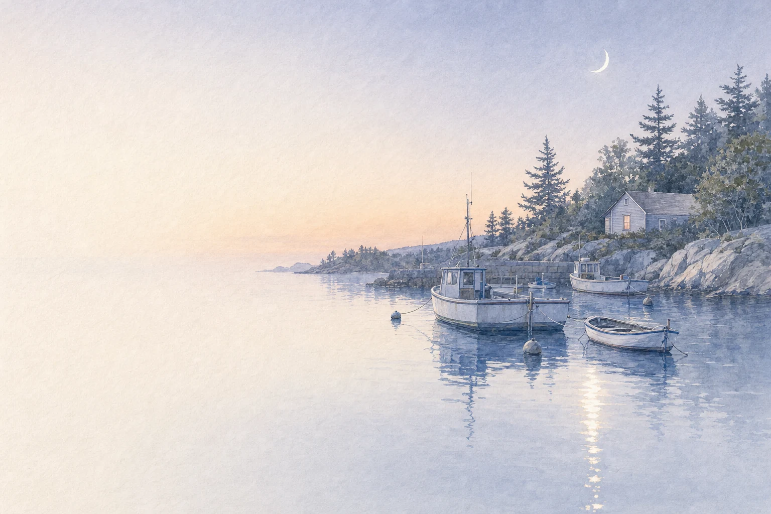 A thin crescent moon hangs over a quiet harbor at dusk. Small boats lie at their moorings.