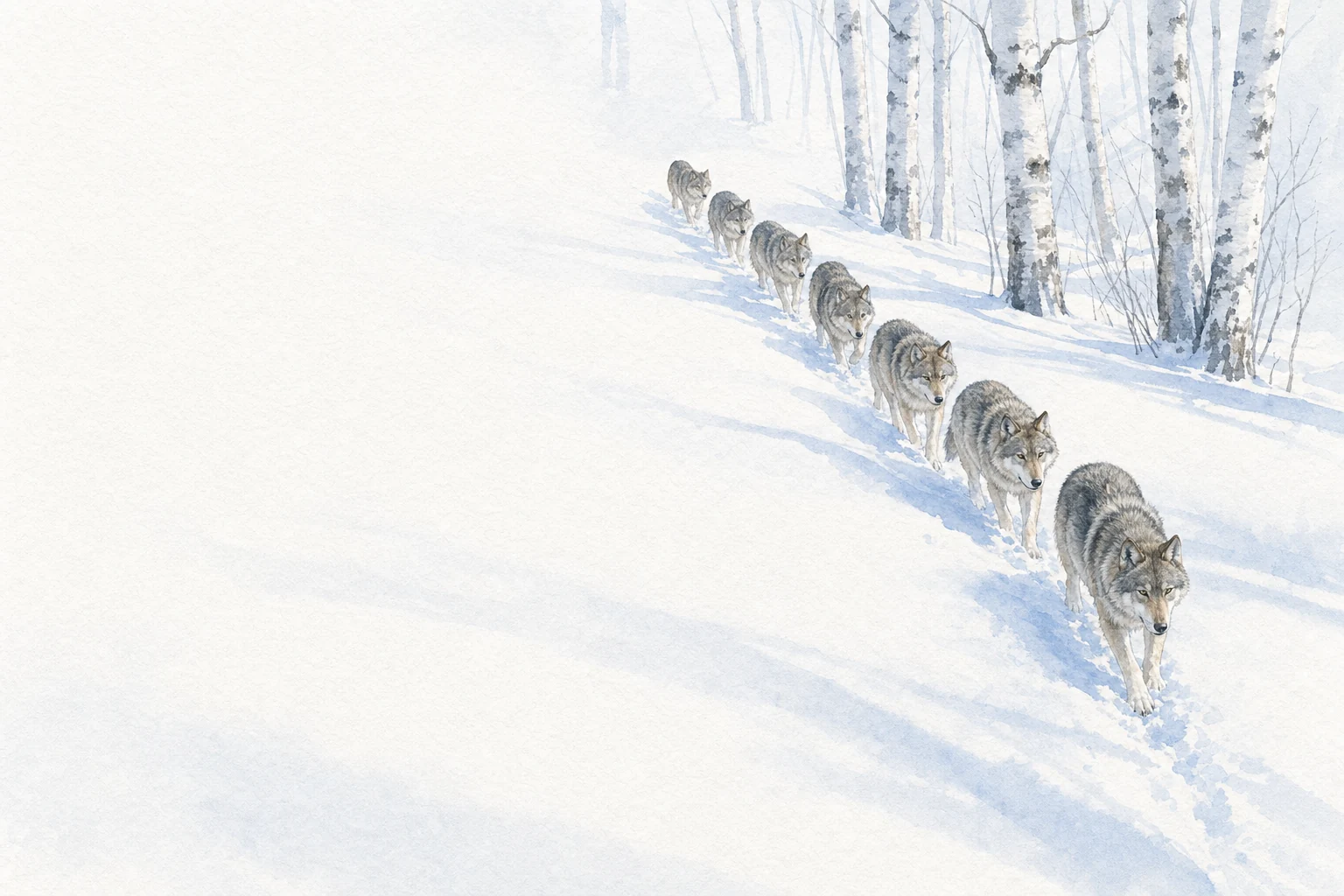 Wolves walk in single file through deep snow, past birch trees. They leave one narrow trail.