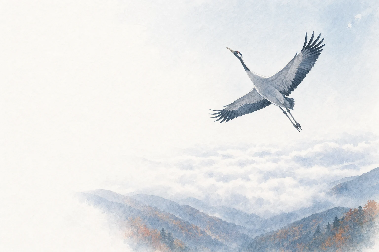A crane climbs through the top of a flat layer of cloud into clear sky.