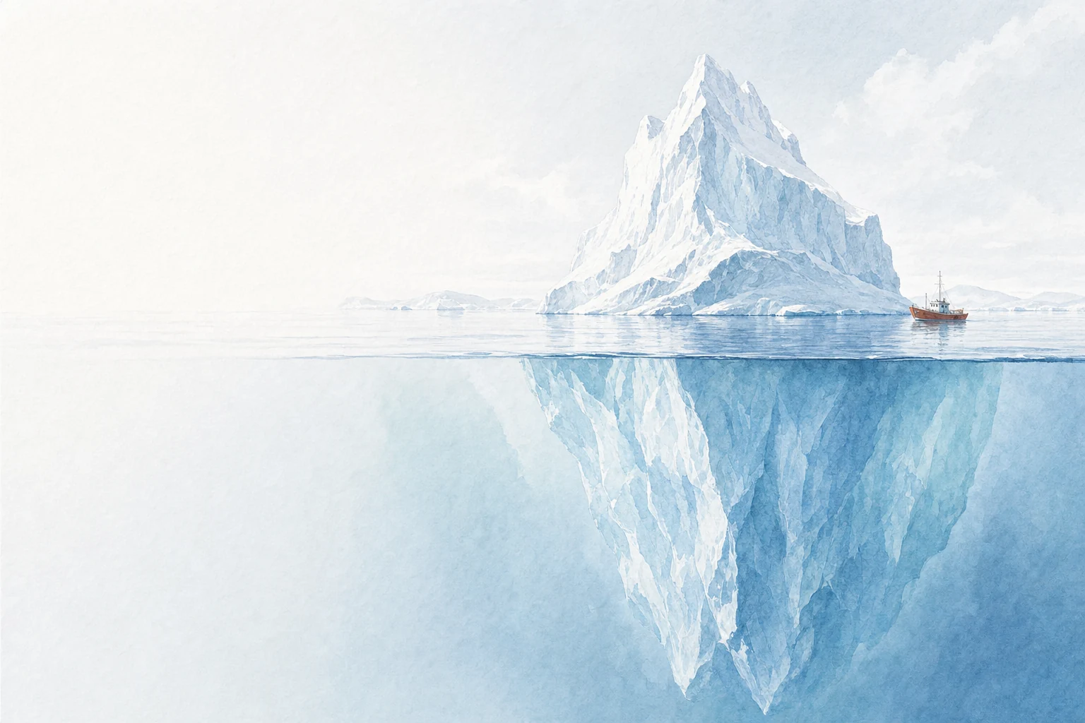 An iceberg seen half above and half below the water. Most of the ice lies below the surface.