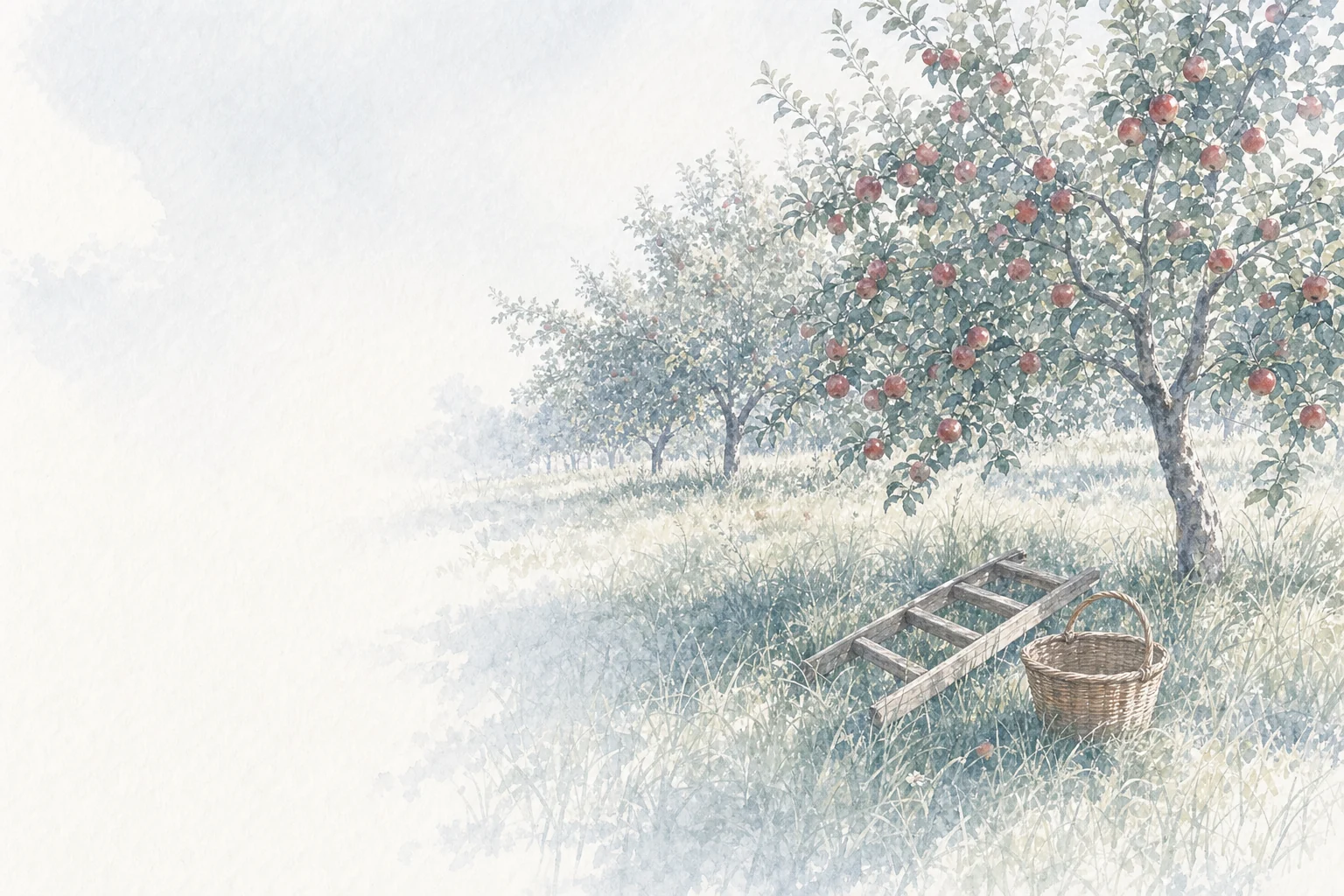 An apple orchard heavy with ripe fruit. A picking ladder lies in the grass beside an empty basket.