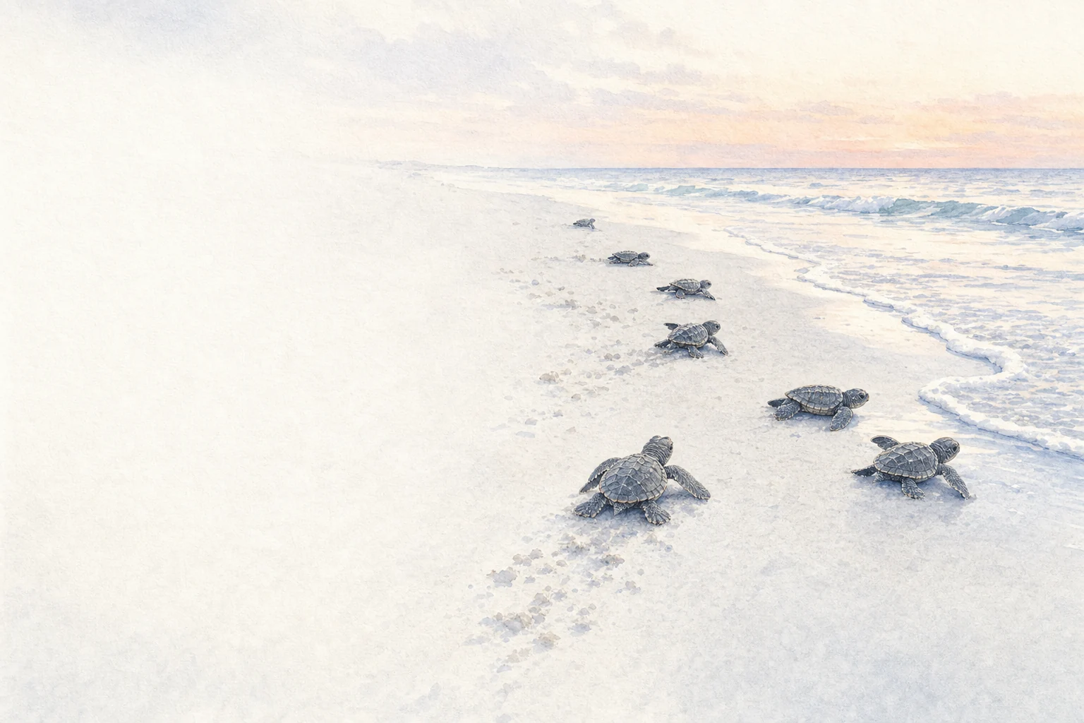 Sea turtle hatchlings cross a beach at first light and reach the first wave.