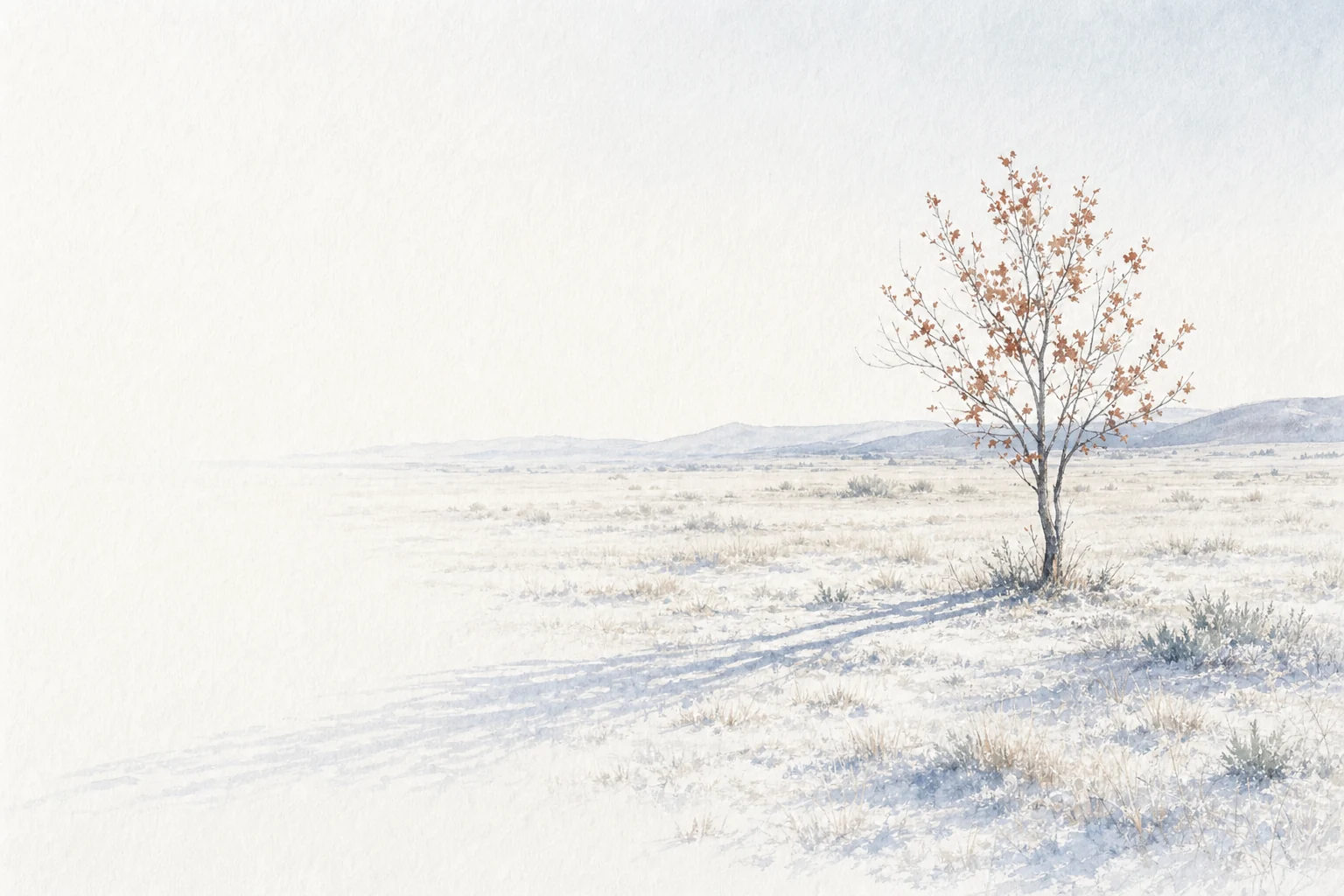A small young tree on an open plain at low sun. Its shadow runs far across the ground.