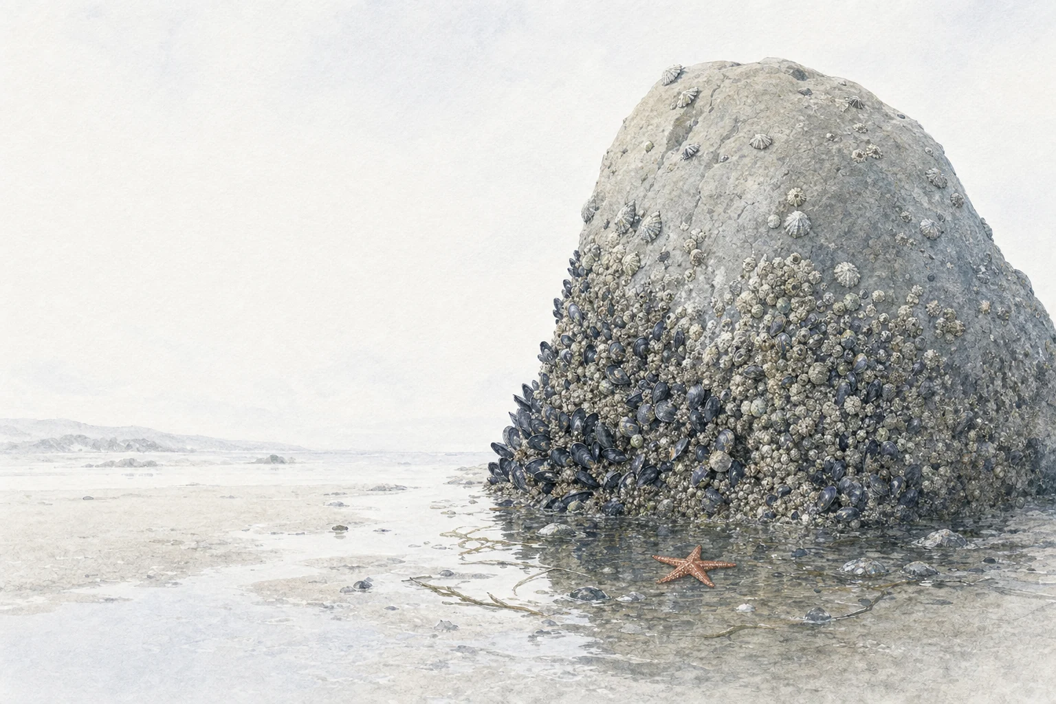 A tall rock on the shore at low tide. Mussels and barnacles crowd its lower half, and only a few cling near the top.