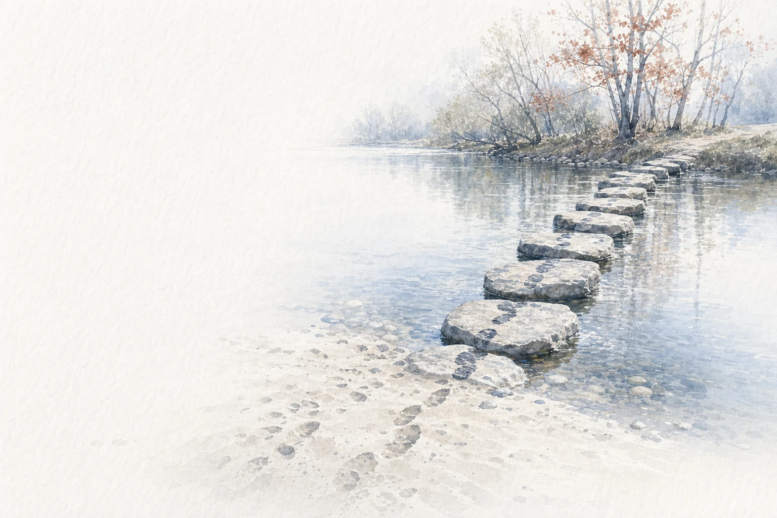 Stepping stones cross a wide, shallow river. Many footprints on the near bank stop at the water.