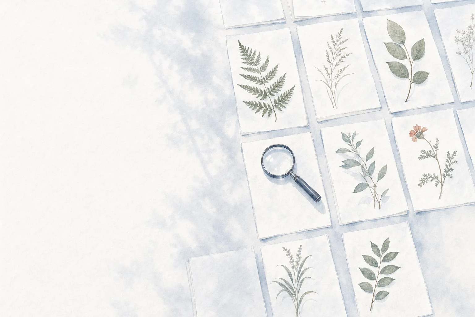 Seen from above: pressed plants on paper sheets, laid out in neat rows, with a hand lens on one sheet.