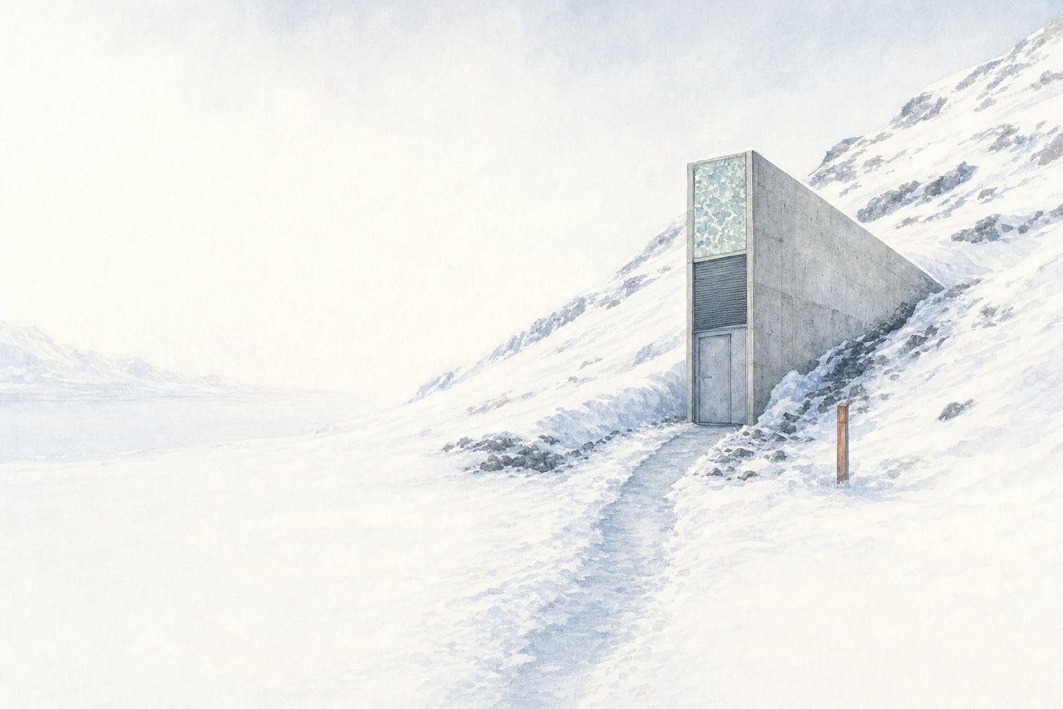 The narrow concrete entrance of a seed vault stands out from a snowy mountainside in the far north.