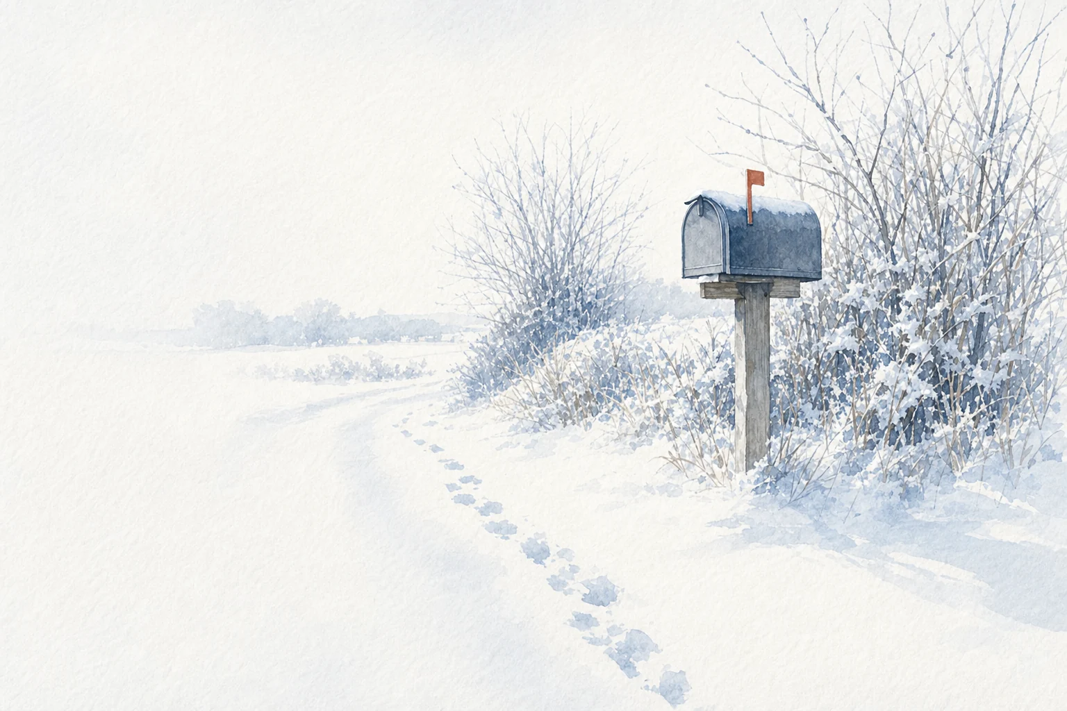 A post box with its flag raised stands beside a snowy lane. Footprints lead to it.