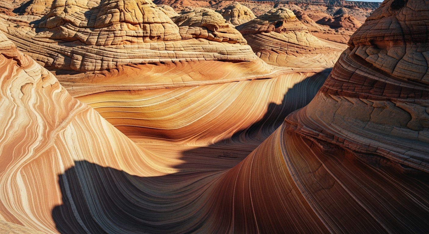 Geological strata diverging, warm gold and cream tones